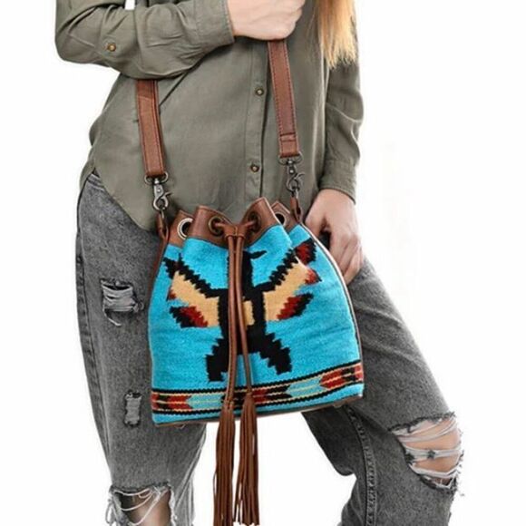 New Western Woven Thunderbird Leather Bucket Handbag Womens Drawstring Purse - Picture 2 of 8